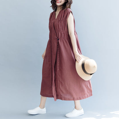 Khaki Cotton Linen Dresses Loose Fitting Cotton Linen Clothing Dress New Sleeveless Cinched V Neck Baggy Dresses