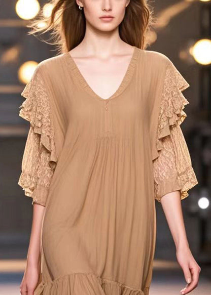 Khaki V Neck Patchwork Cotton Work Dress Summer