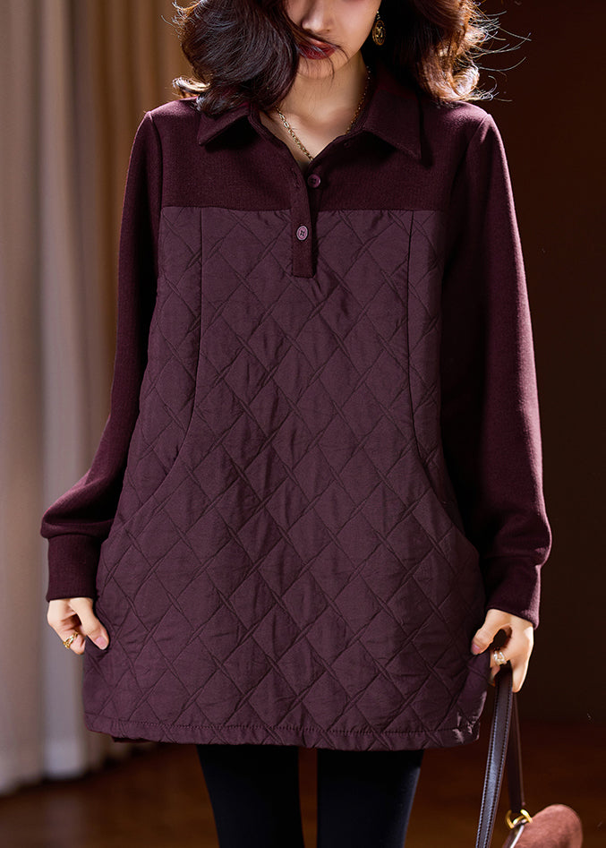 Wine Red Button Patchwork Cotton Filled Blouses Spring