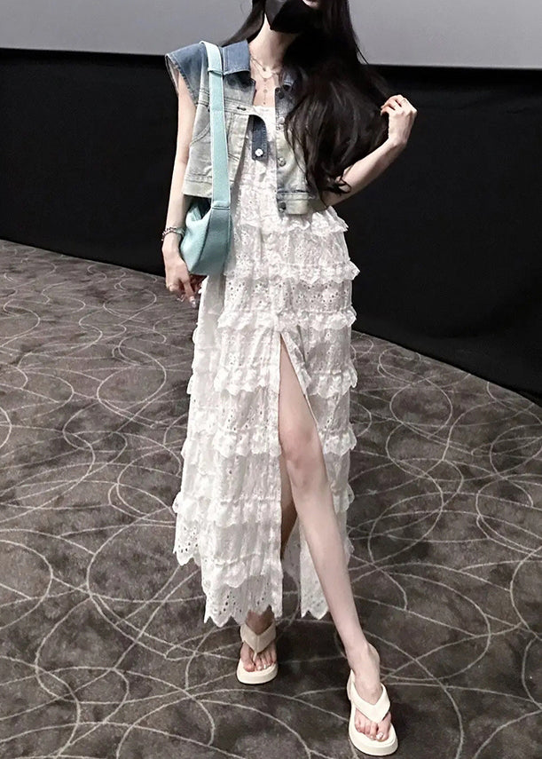 Stylish White Ruffled Side Open Lace Spaghetti Strap Dress Sleeveless