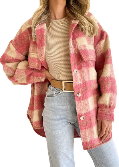 Pink Peter Pan Collar Pockets Plaid Woolen Coat Fall