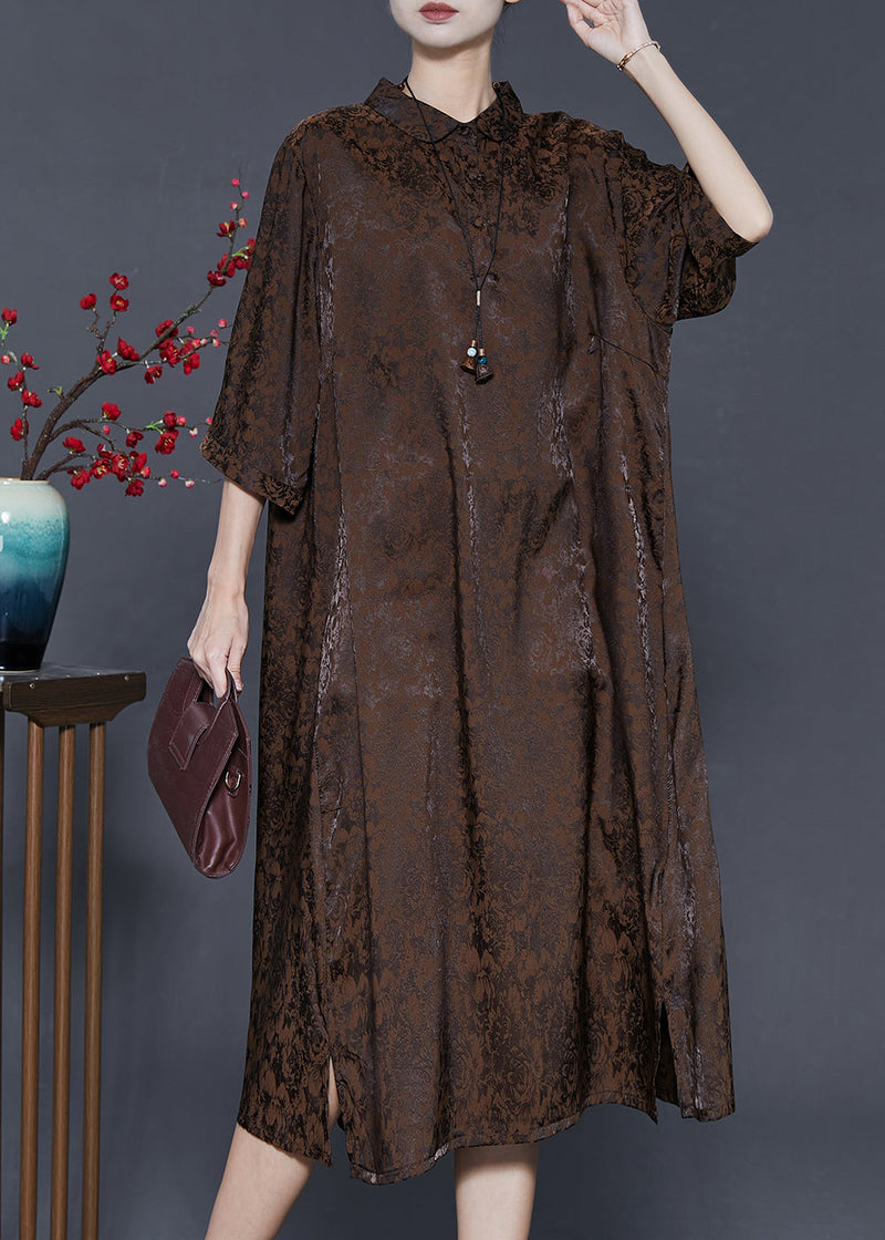 Chocolate Jacquard Silk Maxi Dresses Bracelet Sleeve