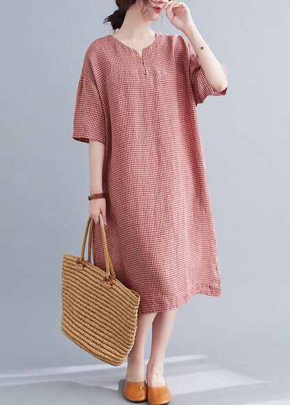 Red Oversized Plaid Linen a Line Dresses Summer