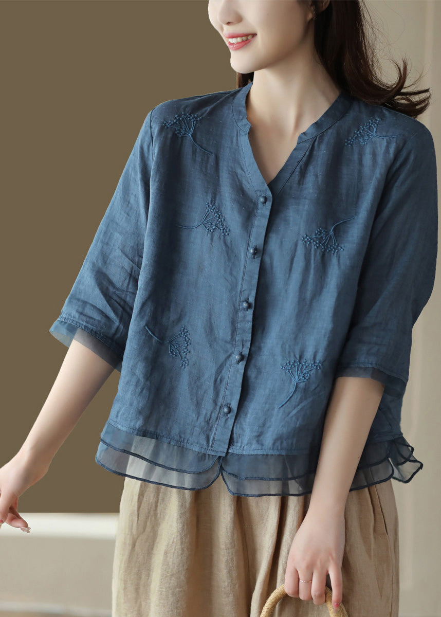 Blue V Neck Embroidered Ramie Shirt Half Sleeve