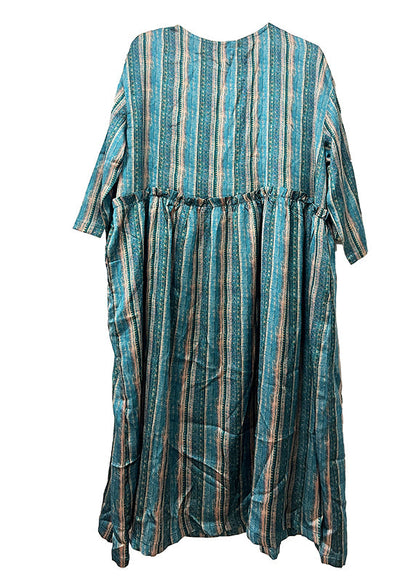 Green O-neck Ruffled Wrinkled Silk Cotto Maxi Dress Spring