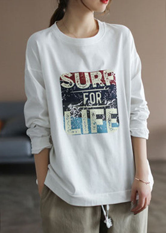 Italian White O-neck Print Cotton Sweatshirt Long Sleeve