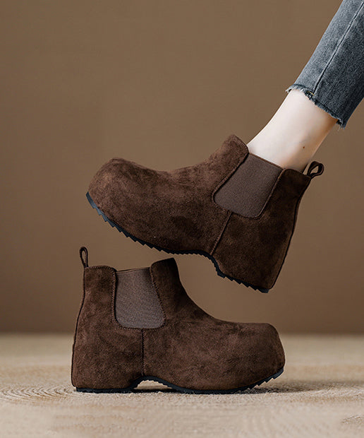 Coffee Suede Splicing Boots Fuzzy Wool Lined