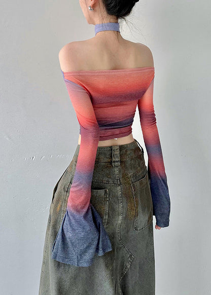 French Gradient Color Slash Neck T Shirts Flare Sleeve