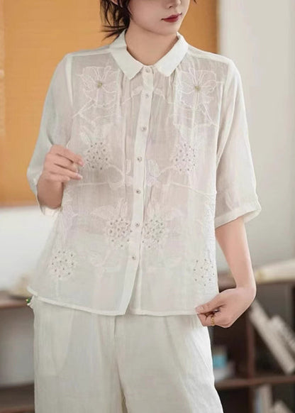Handmade Green Embroidered Button Linen Shirt Half Sleeve