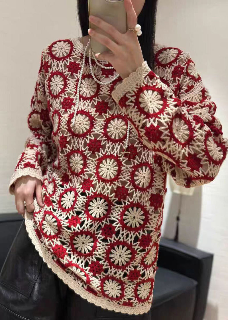 Organic Red O Neck Embroidered Knit Sweaters Fall