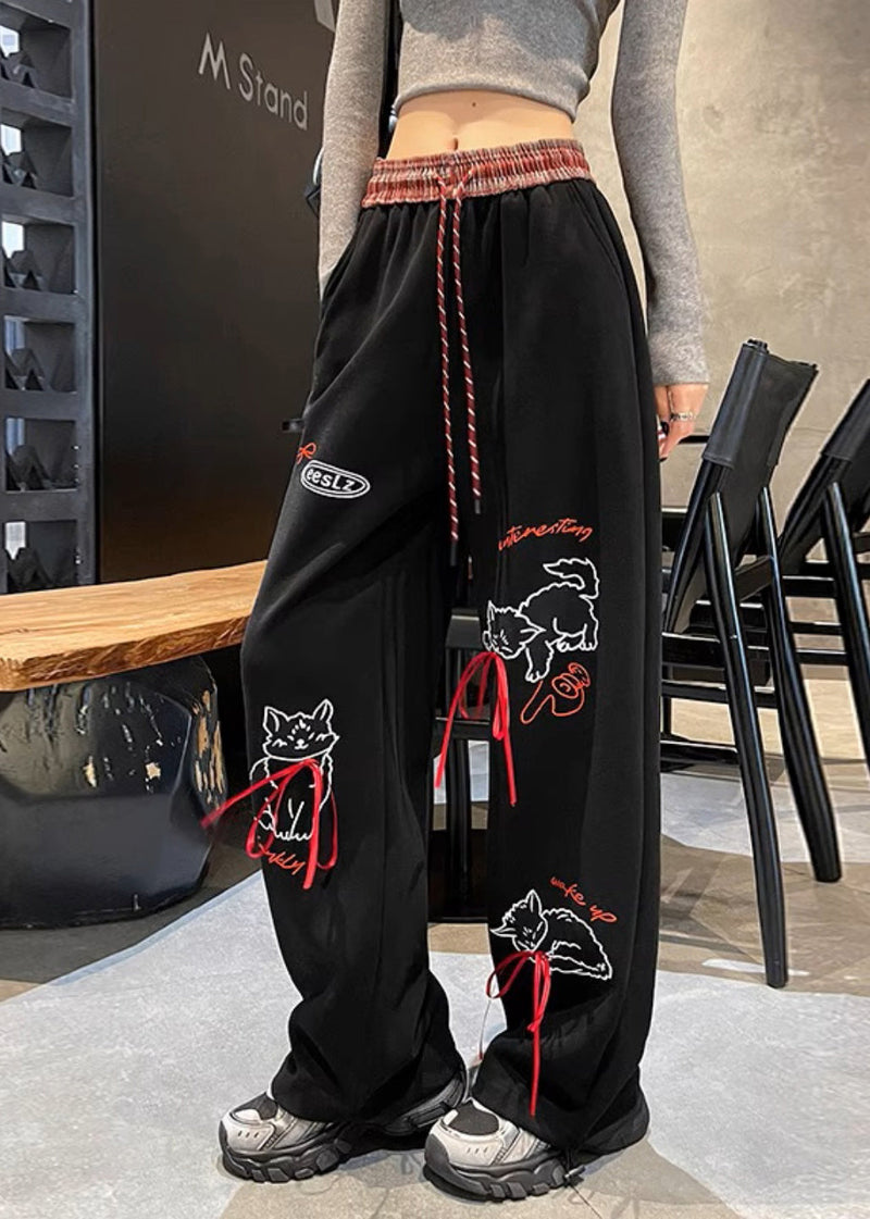 Grey Pockets Print Elastic Waist Cotton Pants Fall