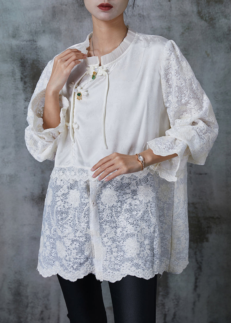 White Chinese Button Patchwork Lace Shirts Summer