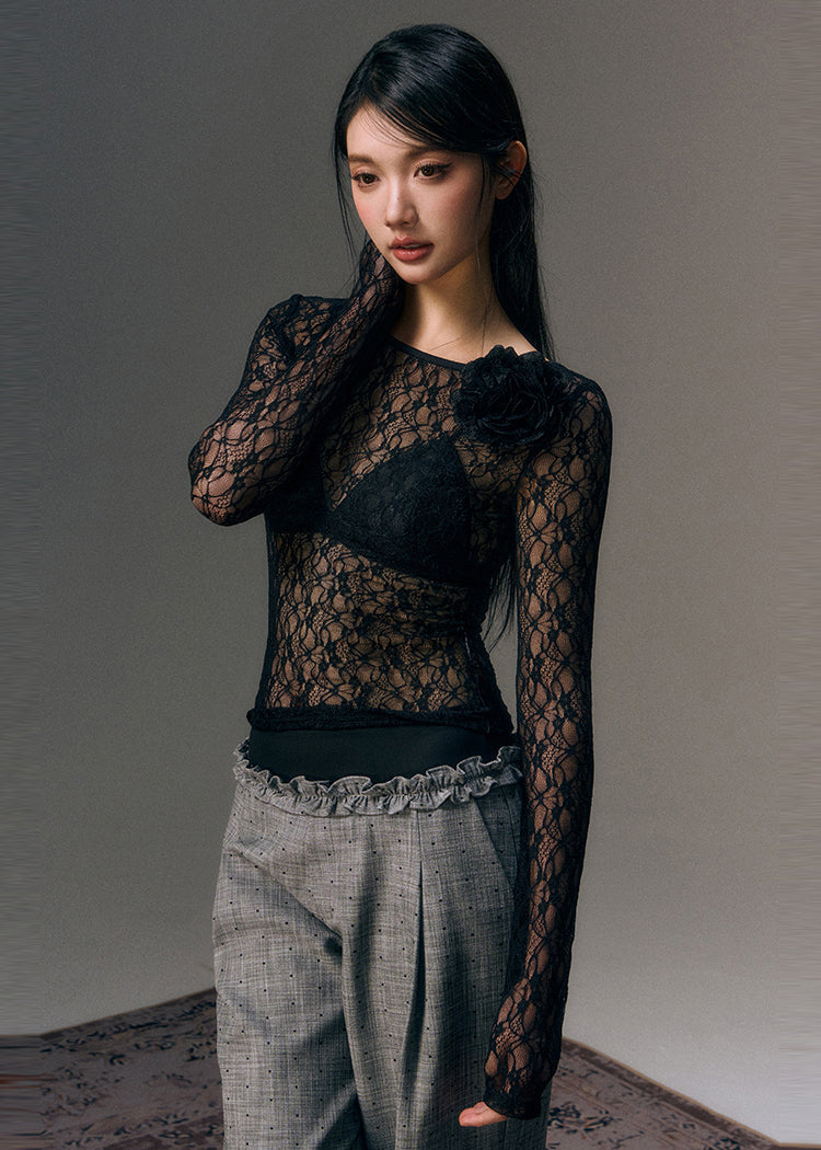 Black Bead Chain Linked Lace Top Fall