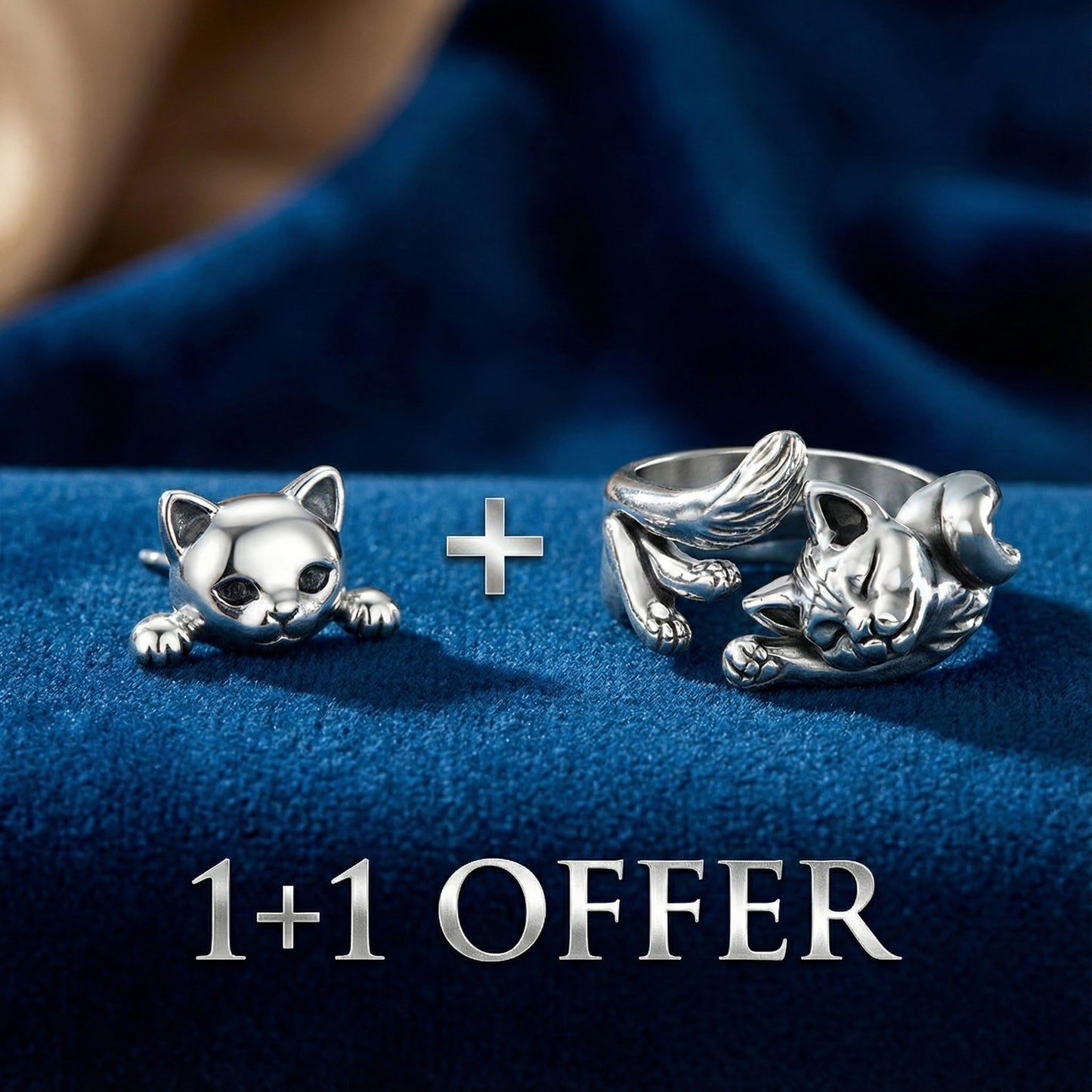 1+1 Offer: Silver Cat Earrings + Silver Cat Ring