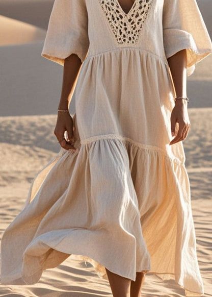 Beige Hollow Out Patchwork Cotton Loose Dress Summer