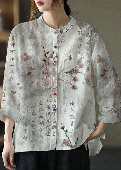 Modern Gray Crane Loose Patchwork Pockets Fall Long Sleeve Blouse Top