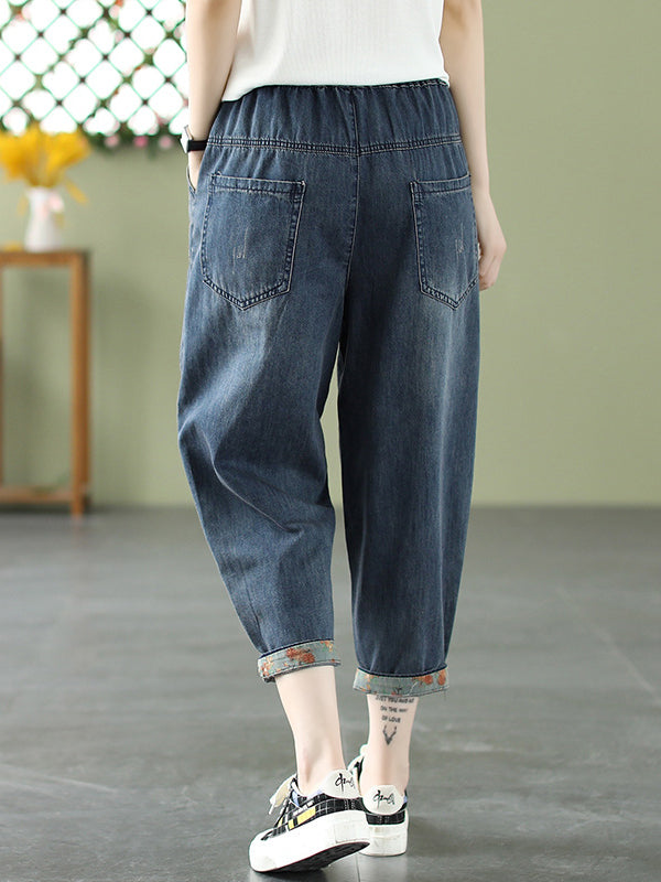 Artistic Retro Applique Denim Pants