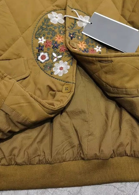 Yellow Embroidered Pockets Fine Cotton Filled Coats Spring