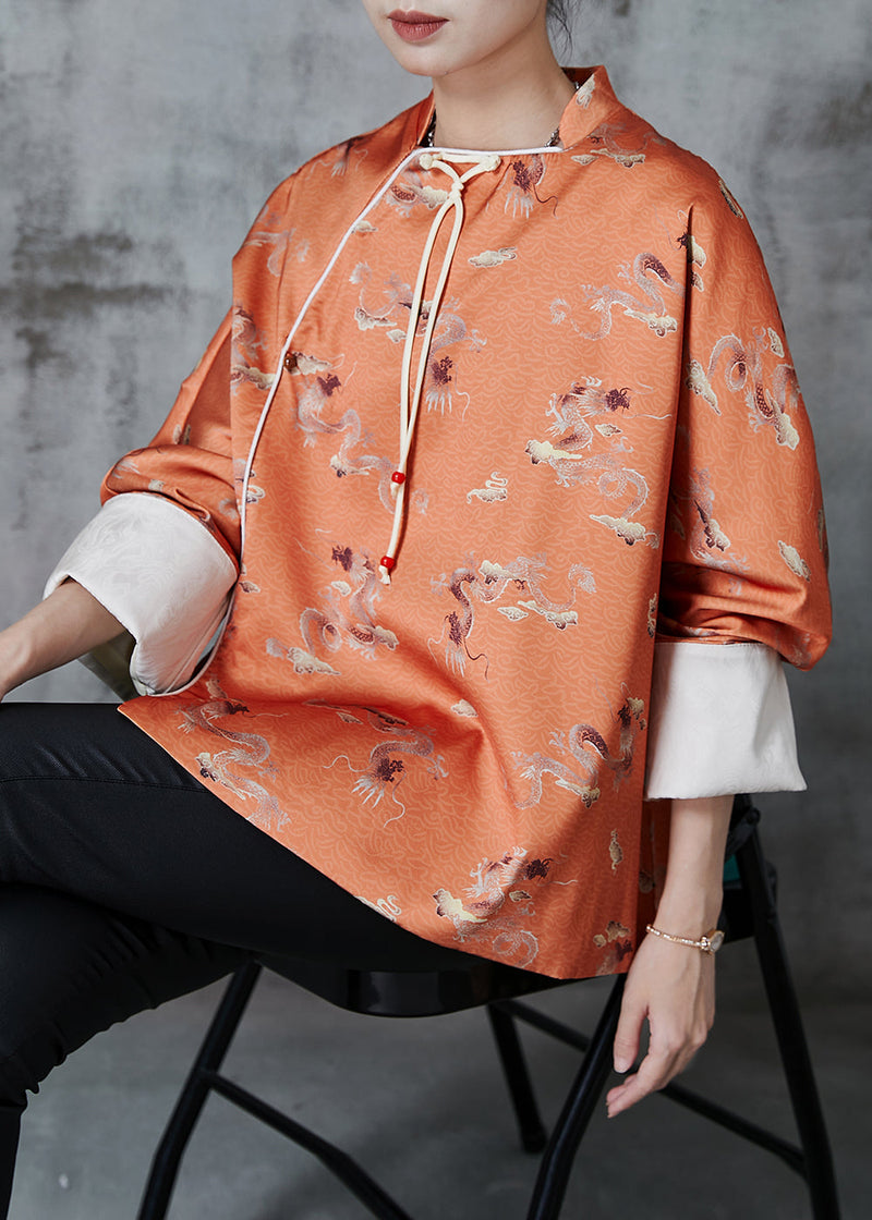 Orange Tasseled Print Side Open Silk Oriental Coats Fall