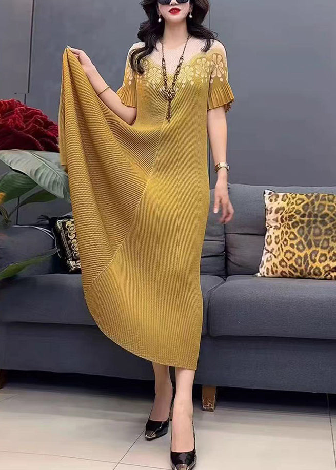 Stylish Yellow O-neck Print Cotton Long Dress Summer