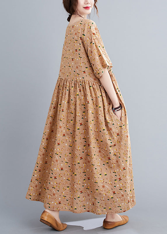 French Pink Orange O-neck Wrinkled Print Cotton Loose Dresses Short Sleeve