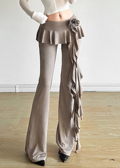 Khaki Ruffled Patchwork Tassel Fake Two Pieces Flare Pants Summer