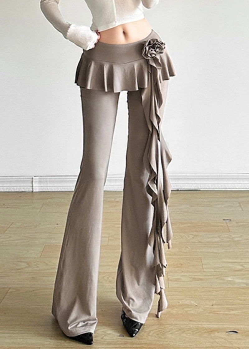 Khaki Ruffled Patchwork Tassel Fake Two Pieces Flare Pants Summer