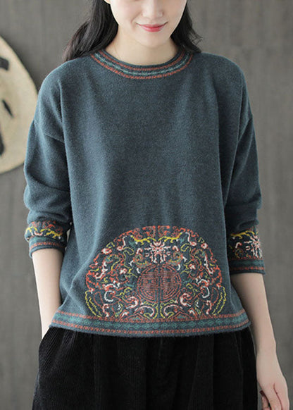 Blue Green O-neck Jacquard Fall Knit Sweater