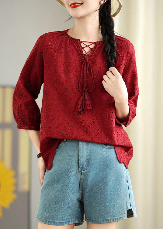 Red Oversized Hollow Out Cotton Shirt Top Summer