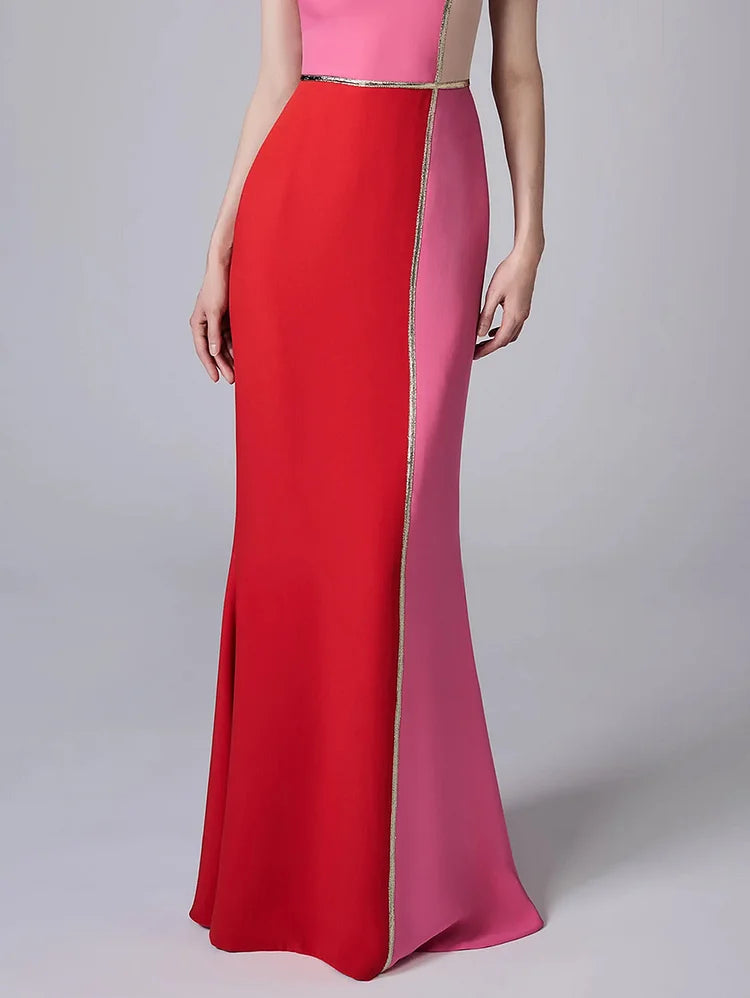 Color Block Sleeveless Bodycon Mermaid Hem Maxi Dress