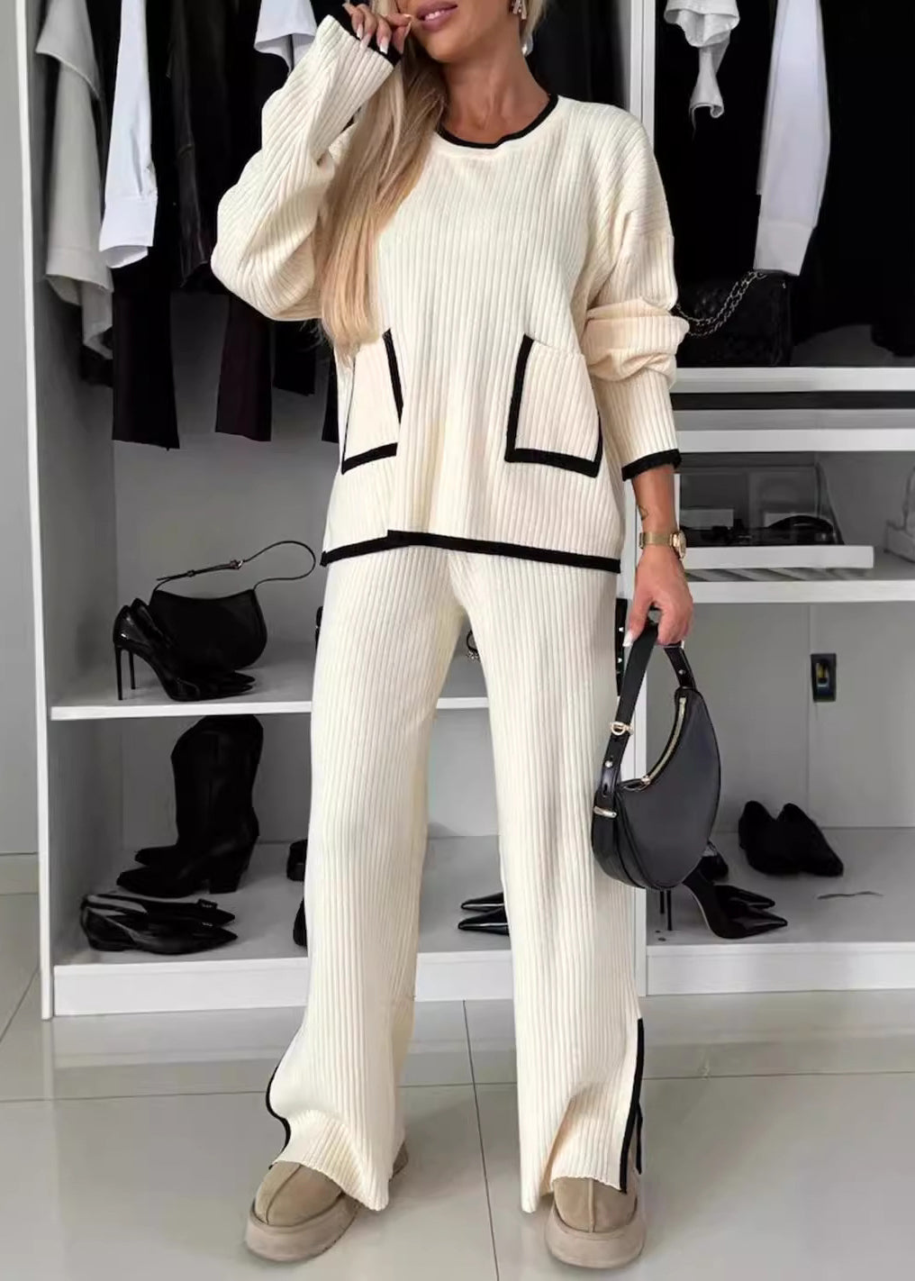 White O Neck Pockets Patchwork Knit Two Pieces Set Spring