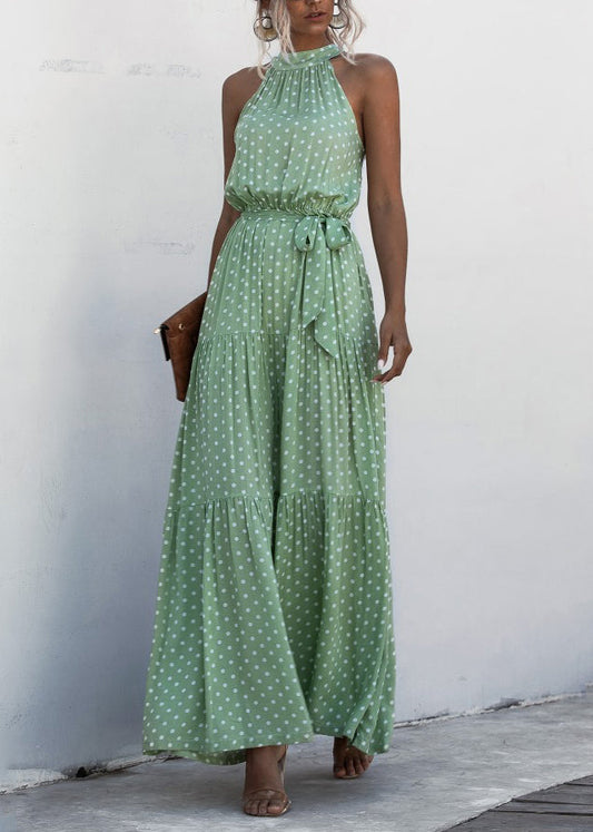 Green Halter Dot Print Patchwork Cotton Dresses Sleeveless