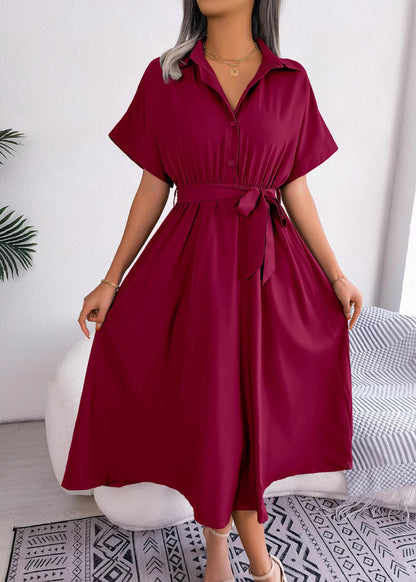 New Army Green Peter Pan Collar Lace Up Chiffon Long Dress Summer