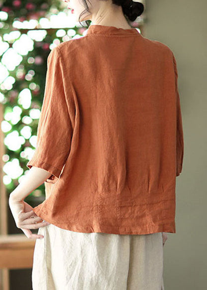 Orange Patchwork Linen Shirt Top Bracelet Sleeve