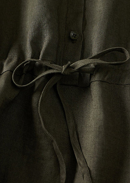 Army Green Lace Up Button Linen Dress Summer