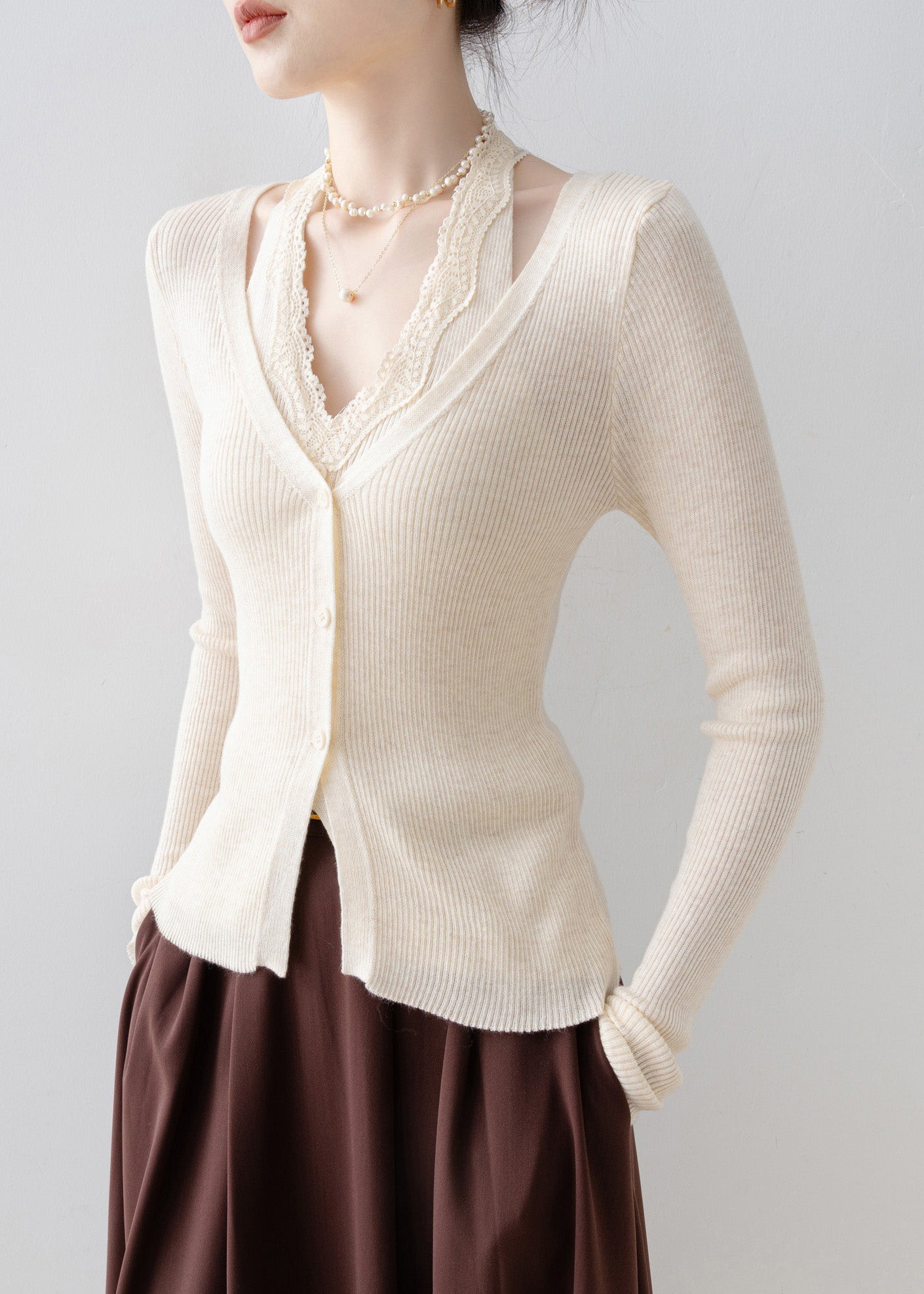 Apricot V Neck Lace Patchwork Knit Sweater Spring