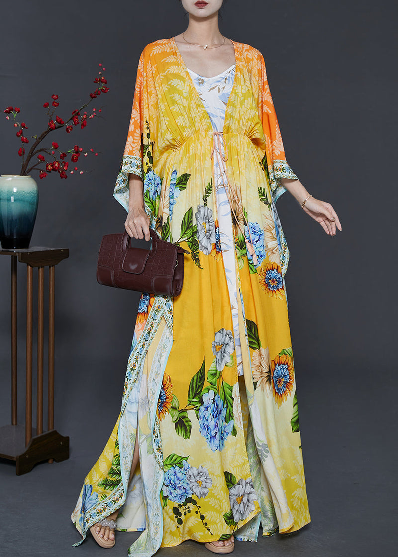 Yellow Tie Waist Print Chiffon Beach Dresses Fall