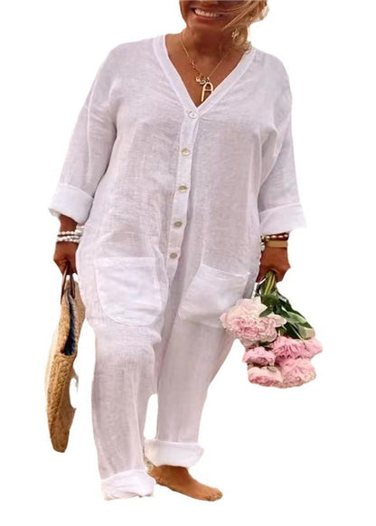 Blue V Neck Button Pockets Cotton Jumpsuits Summer