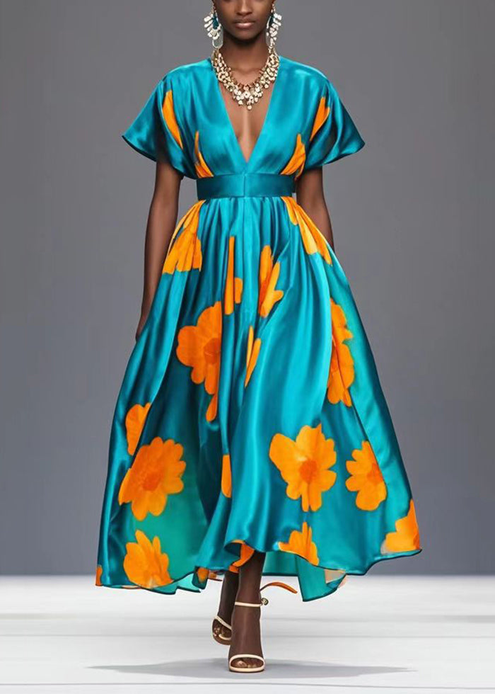 Green Cinched Print Exra Large Hem Silk Party Dress Summer