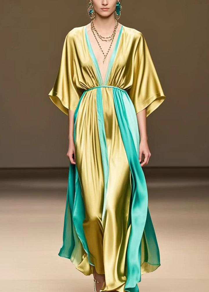 Golden V Neck Patchwork Silk Ankle Dress Summer