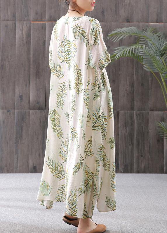 French Linen Clothes for Cotton Linen Print Round Neck Dress