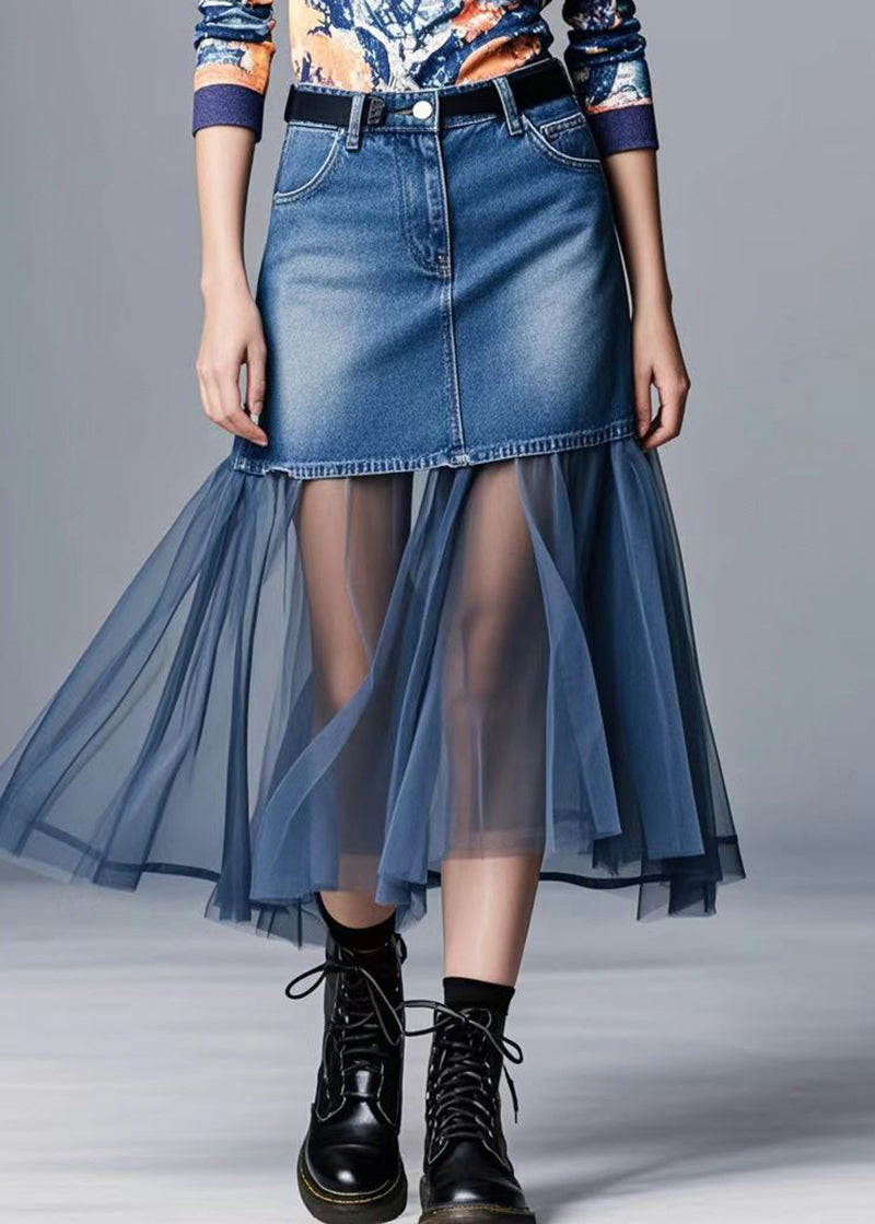 Navy Silm Fit Patchwork Denim Holiday Skirts Spring