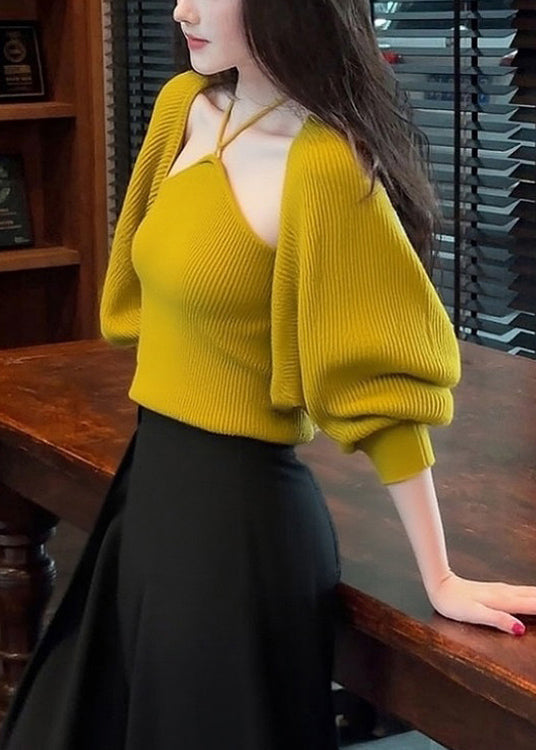 Stylish Yellow V Neck Lace Up Cardigan and Tank Knit Two Pieces Set Fall