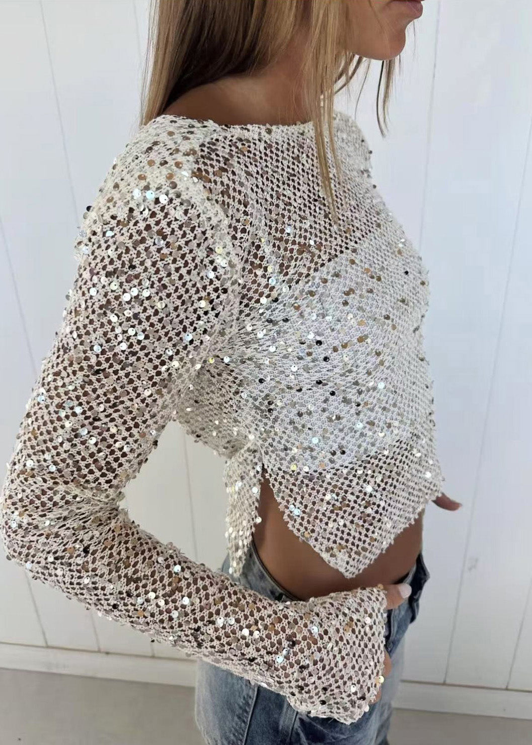 Khaki Pearl Fishing Net Two Ways to Wear Long Sleeved Top