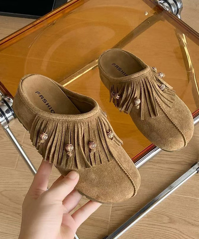 Tassel Splicing Wedge Khaki Suede Slide Sandals