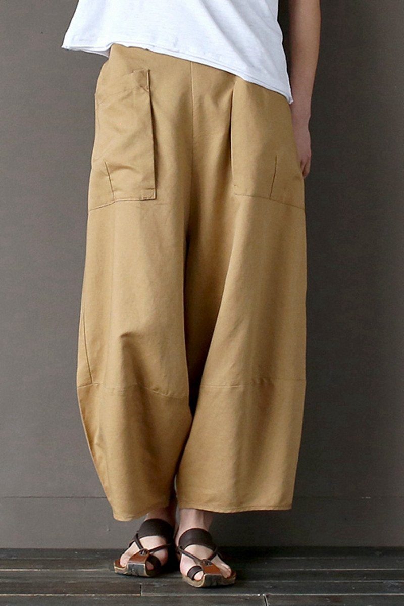 Khaki Loose Cotton Linen Ankle Length Pants Outfits