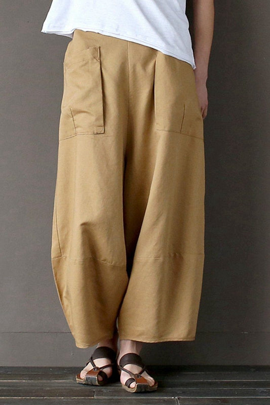 Khaki Loose Cotton Linen Ankle Length Pants Outfits