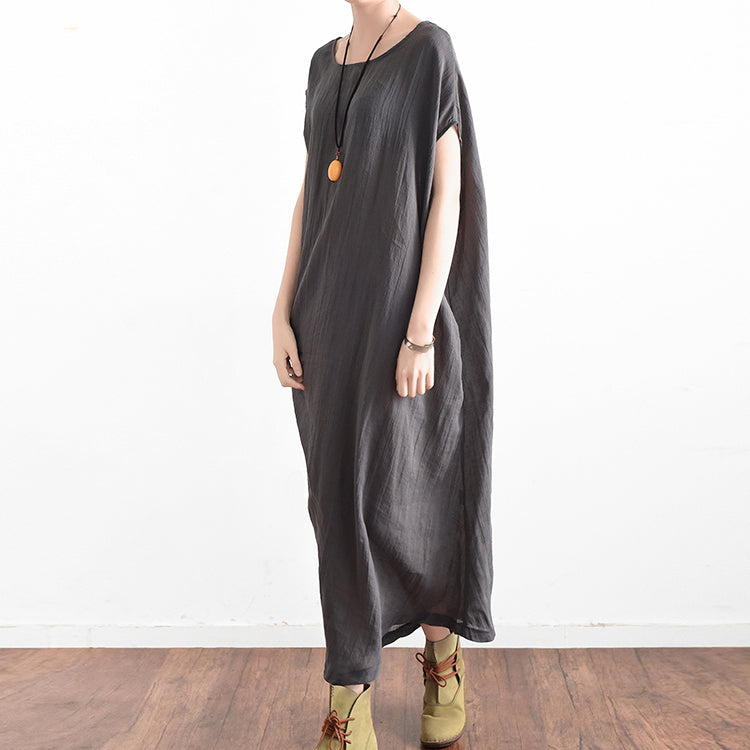 Gray Oversized Summer Linen Dresses Side Drape Asymmetrical Cotton