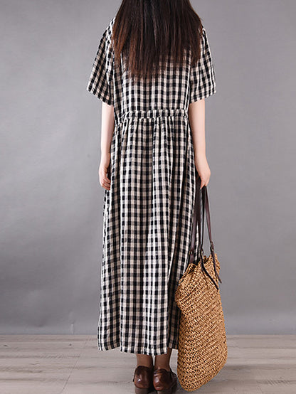 Summer Plaid Strap Linen Cotton Dress
