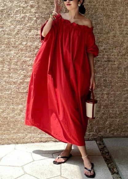 Simple Red Slash Neck Ruffled Cotton Long Dresses Summer